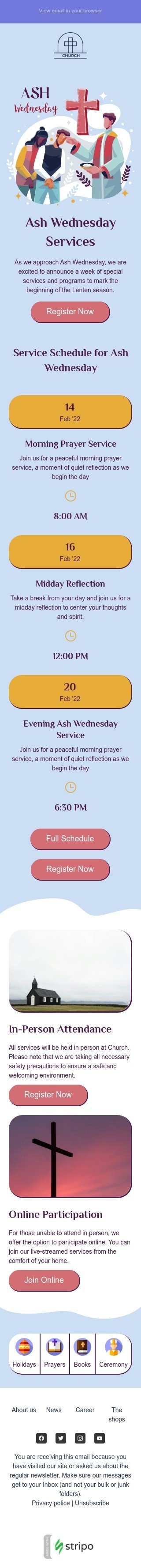 Ash Wednesday email template "Service schedule" for church industry mobile view