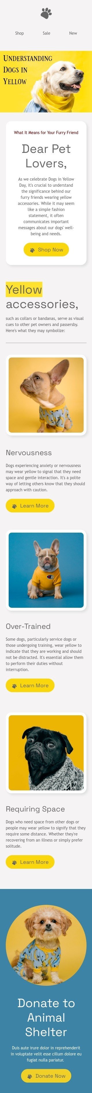 Modello email Giornata dei cani in giallo «Capire i cani in giallo» per il settore industriale di animali domestici Visualizzazione mobile
