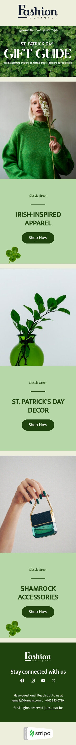 St. Patrick‘s Day E-Mail-Vorlage «Kleeblatt-Accessoires» für Mode-Branche Ansicht auf Mobilgeräten