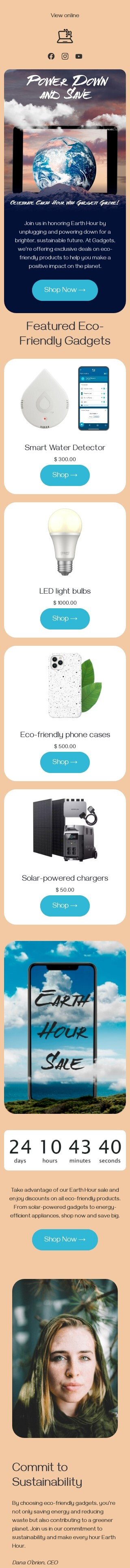 Earth Hour email template "Eco-friendly gadgets" for gadgets industry mobile view