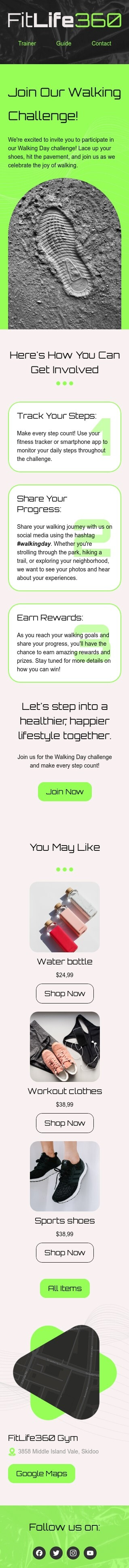 Modello email Giornata di camminata «Partecipa alla nostra sfida di camminata» per il settore industriale di sport Visualizzazione mobile