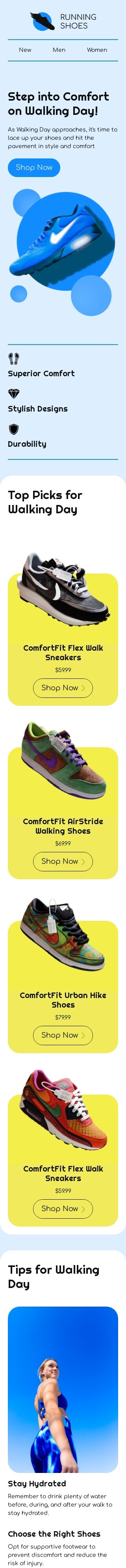 Walking Day email template "Step into Comfort" for fashion industry mobile view