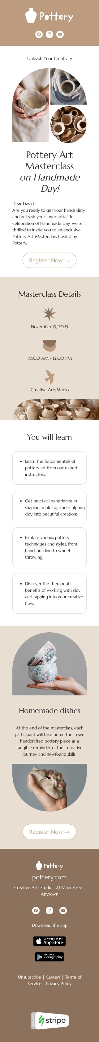 Modelo de e-mail de «Masterclass de arte em cerâmica» de Dia feito à mão para a indústria de presentes e flores Visualização de dispositivo móvel