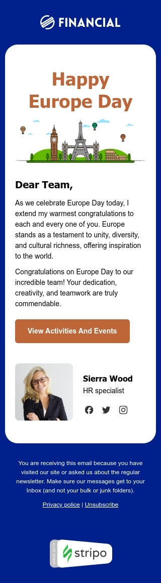 Шаблон письма к празднику День Европы «Европейское единство» для индустрии «HR» мобильный вид