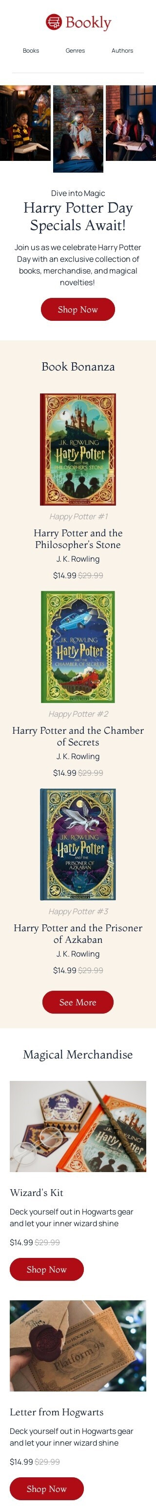Plantilla de correo electrónico «Bonanza de libros» de Día de Harry Potter para la industria de libros y regalos y papelería Vista de móvil
