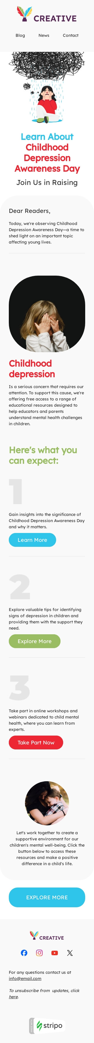 Plantilla de correo electrónico «Depresión infantil» de Día de concientización sobre la depresión infantil para la industria de publicaciones y blogs Vista de móvil