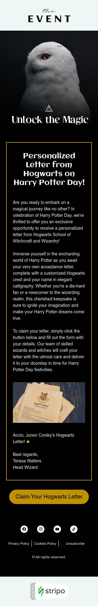 Plantilla de correo electrónico «Desbloquea la magia» de Día de Harry Potter para la industria de hobbies Vista de móvil