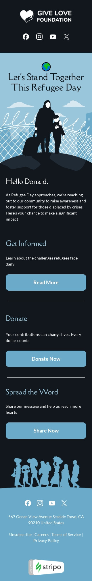 Weltflüchtlingstag E-Mail-Vorlage «Lasst uns zusammenstehen» für Spendensammlung-Branche Ansicht auf Mobilgeräten
