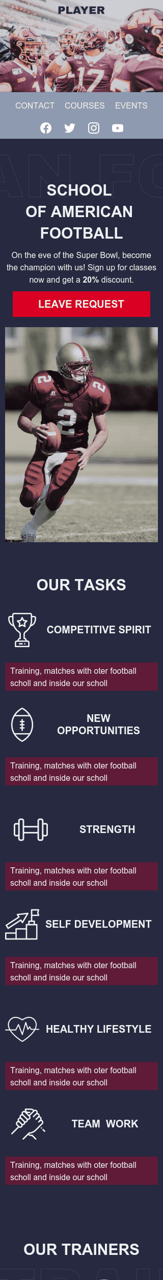 Plantilla de correo electrónico «Escuela Deportiva» de Super Bowl para la industria de Deportes Vista de móvil