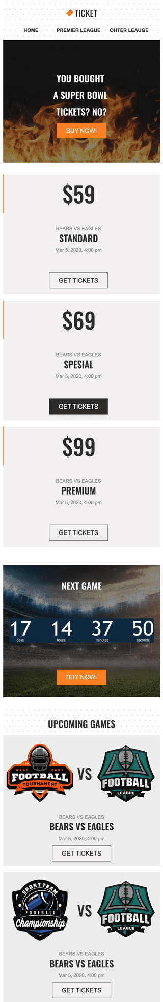 Super Bowl Email Template «Tickets» for Sports industry mobile view