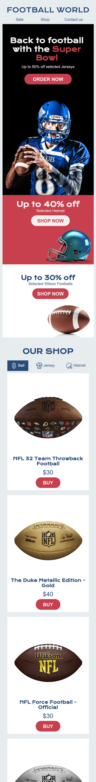 Modelo de E-mail de «Loja de atributos esportivos» de Super Bowl para a indústria de Esportes Visualização de dispositivo móvel
