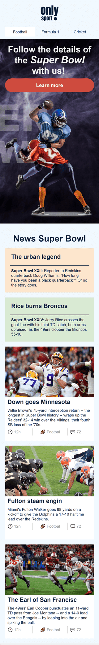 Super Bowl E-Mail-Vorlage «Sport Blog» für Sport-Branche Ansicht auf Mobilgeräten