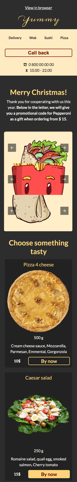 Modèle de courrier électronique Noël «Pizza de Noël» pour le secteur Nourriture Affichage mobile