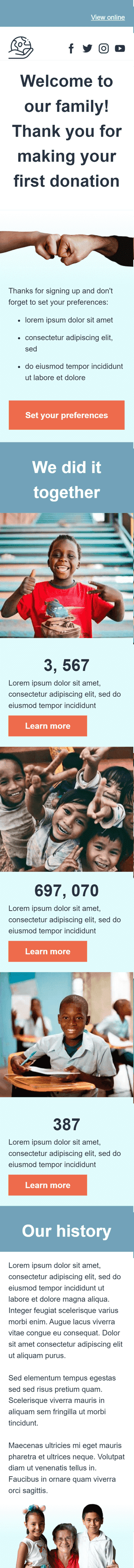 Modèle de courrier électronique Bienvenue «Premier don» pour le secteur Association à but non lucratif et caritative Affichage mobile