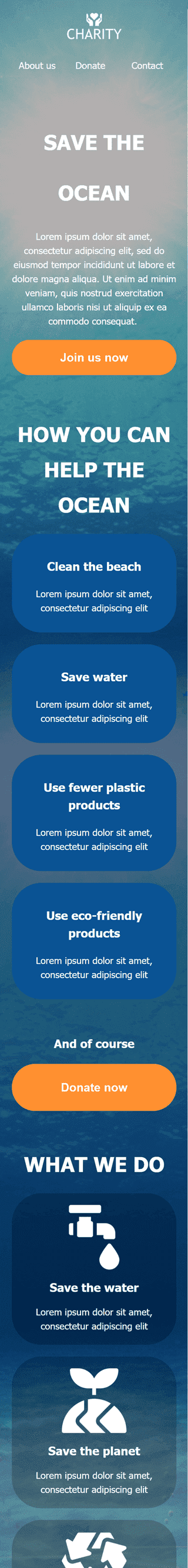 Modèle de courrier électronique Promo «Sauvez l'océan» pour le secteur Association à but non lucratif et caritative Affichage mobile