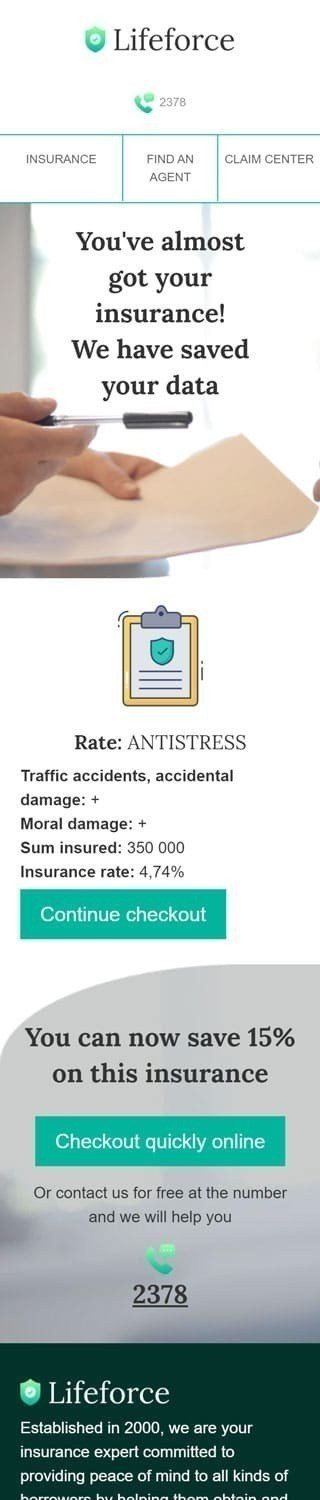 Шаблон письма «Оформление страховки» тематики Follow-up для индустрии «Страхование» мобильный вид