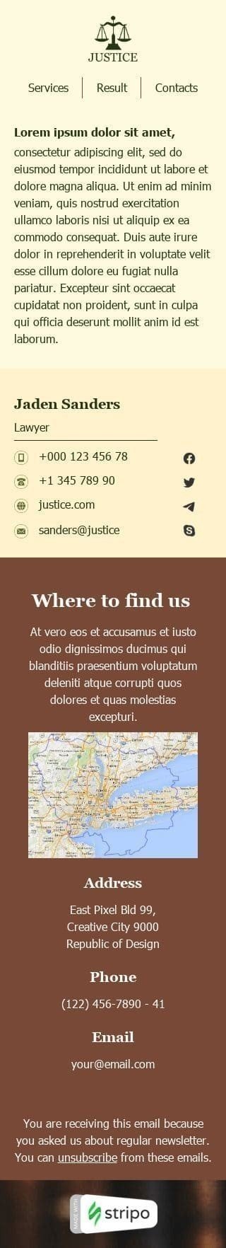 Промо шаблон письма «Контакты юристов» для индустрии «Юридические услуги» мобильный вид