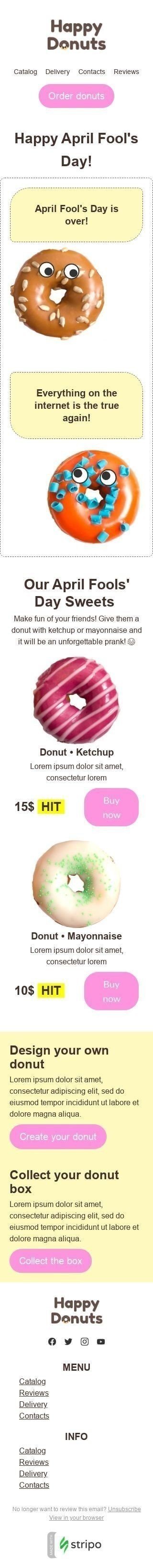 April Fools' Day Email Template «Donuts with surprise» for Food industry mobile view