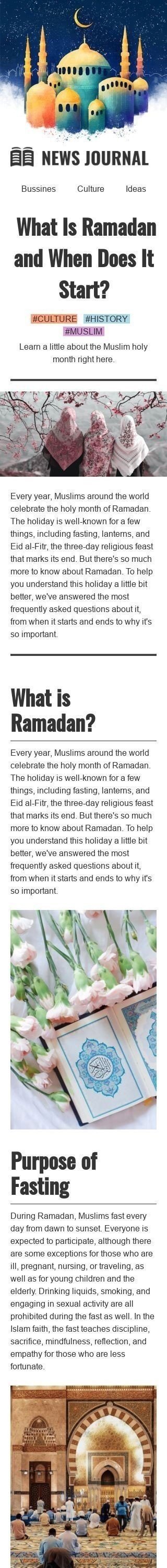 Plantilla de correo electrónico «Que es el Ramadán» de Ramadán para la industria de Publicaciones y blogs Vista de móvil