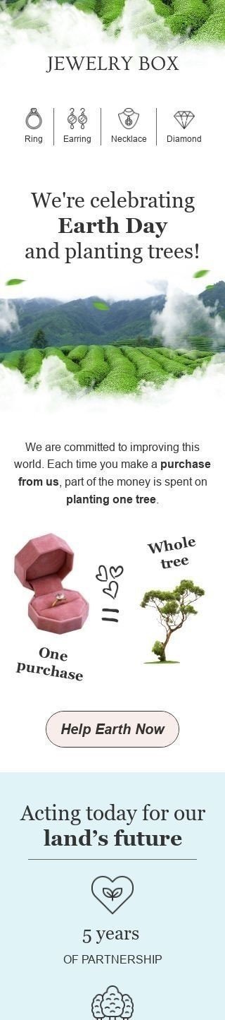 Tag der Erde E-Mail-Vorlage «Bäume pflanzen» für Schmuck-Branche Ansicht auf Mobilgeräten