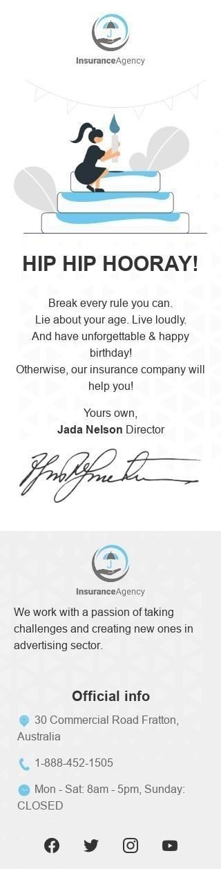 Шаблон письма к празднику День рождения «Гип-гип ура!» для индустрии «Страхование» мобильный вид
