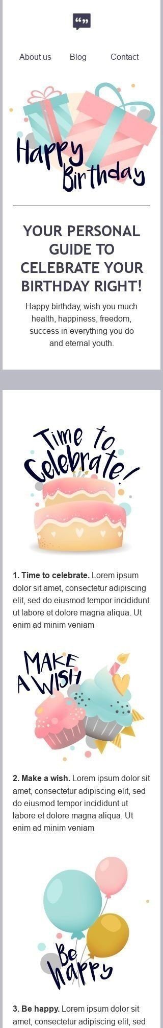 Birthday Email Template «Your holiday guide» for Publications & Blogging industry mobile view