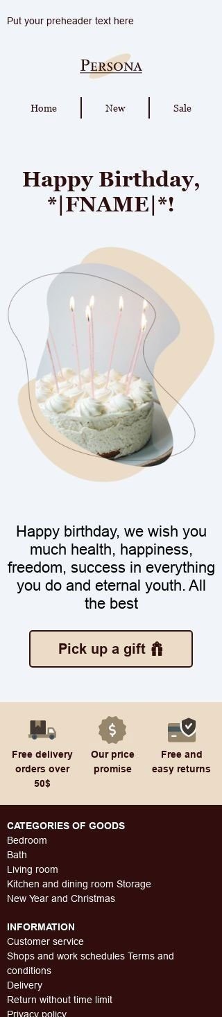 Birthday Email Template «Pick up a gift» for Furniture, Interior & DIY industry mobile view
