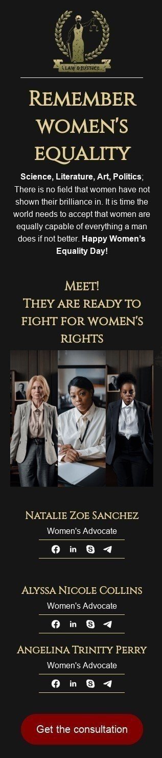 Modèle de courrier électronique Journée de l'égalité des femmes «Défenseur des femmesv» pour le secteur Services juridiques Affichage mobile