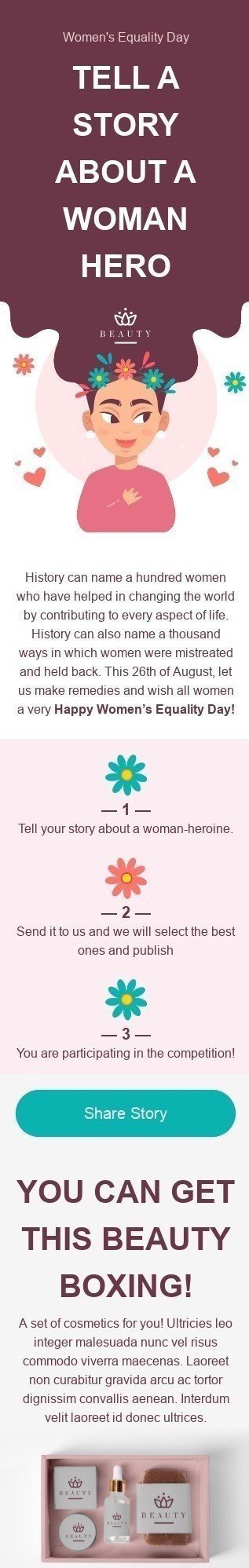 Modelo de E-mail de «Conte sua historia» de Dia Internacional da Igualdade Feminina para a indústria de Beleza e Cuidados Pessoais Visualização de dispositivo móvel