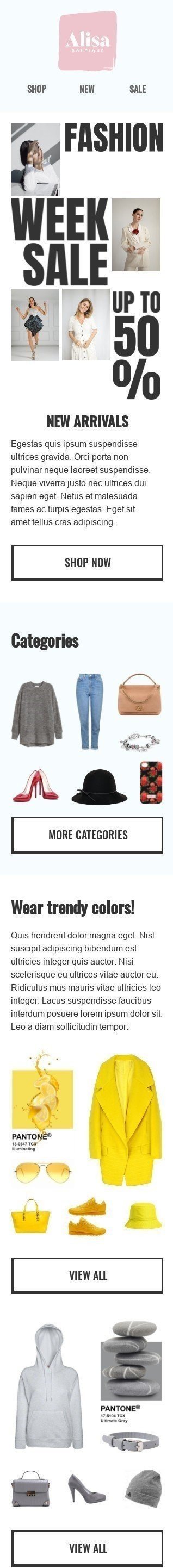 Plantilla de correo electrónico «Rebajas de la semana de la moda» de Semana de la Moda para la industria de Moda Vista de móvil