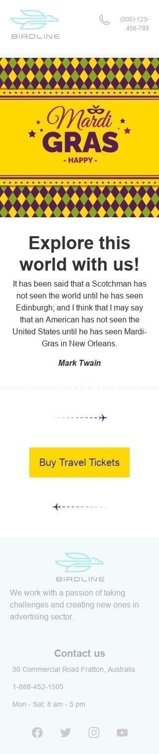 Mardi Gras Email Template «Buy travel tickets» for Travel industry mobile view