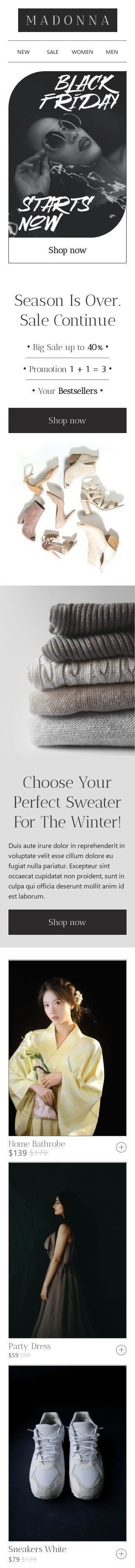 Black Friday Email Template «Choose your perfect sweater» for Fashion industry mobile view