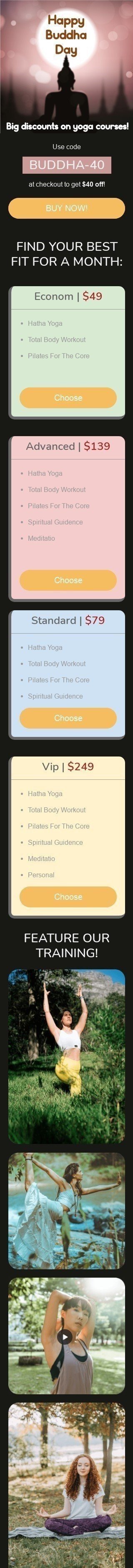 Modello Email Giorno del Buddha «Corsi di Yoga» per il settore industriale di Sport Visualizzazione mobile