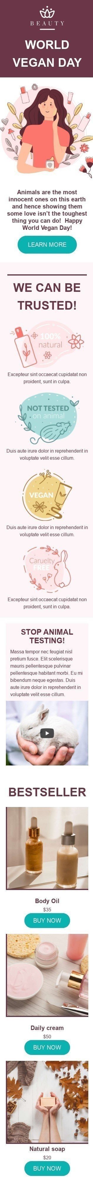Modello Email Giornata Mondiale Vegan «Non testato su animali» per il settore industriale di Bellezza e cura della persona Visualizzazione mobile