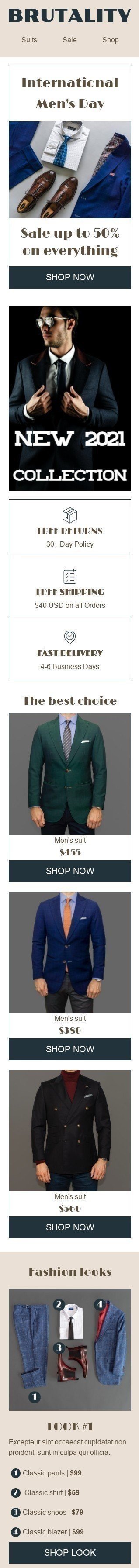 International Men's Day Email Template «Men's suits» for Fashion industry mobile view