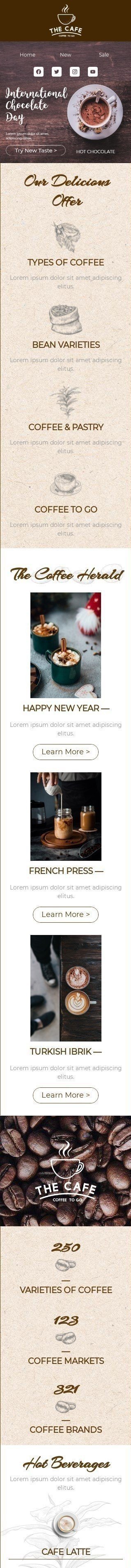 Der internationale Tag der Schokolade E-Mail-Vorlage «Probieren Sie einen neuen Geschmack» für Getränke-Branche Ansicht auf Mobilgeräten