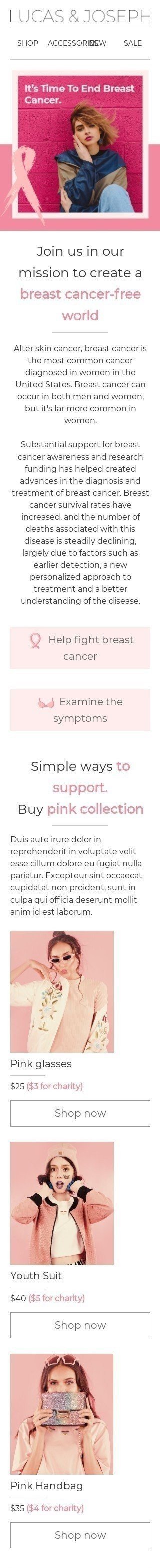 The Breast Cancer Awareness Month Email Template «A world without breast cancer» for Fashion industry mobile view