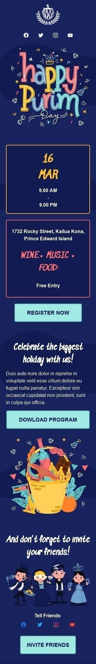 Plantilla de correo electrónico «Feliz Purim» de Purim para la industria de Hobbies Vista de móvil