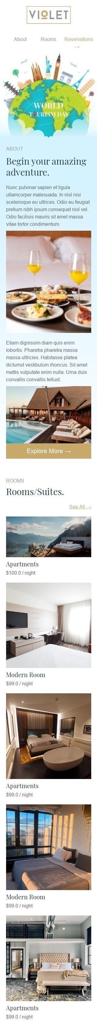 Welttourismustag E-Mail-Vorlage «Beginnen Sie Ihr erstaunliches Abenteuer» für Hotels-Branche Ansicht auf Mobilgeräten