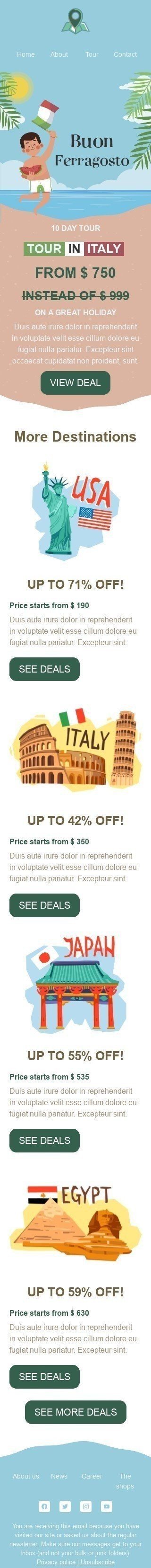 Modelo de E-mail de «Tour na Itália» de Ferragosto para a indústria de Turismo Visualização de dispositivo móvel