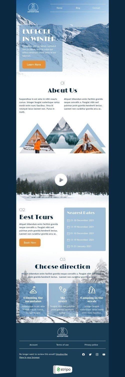 Modelo de E-mail de «Explorar no inverno» de Inverno para a indústria de Turismo Visualização de desktop
