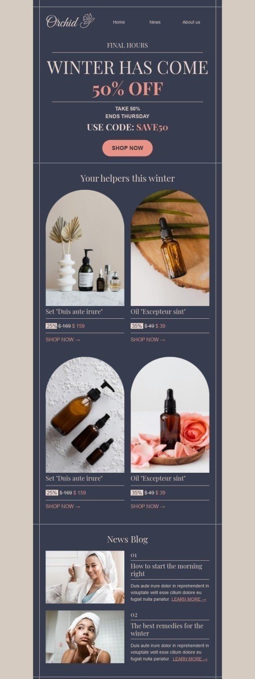 Winter E-Mail-Vorlage «Die besten Mittel für den Winter» für Beauty & Pflege-Branche Desktop-Ansicht