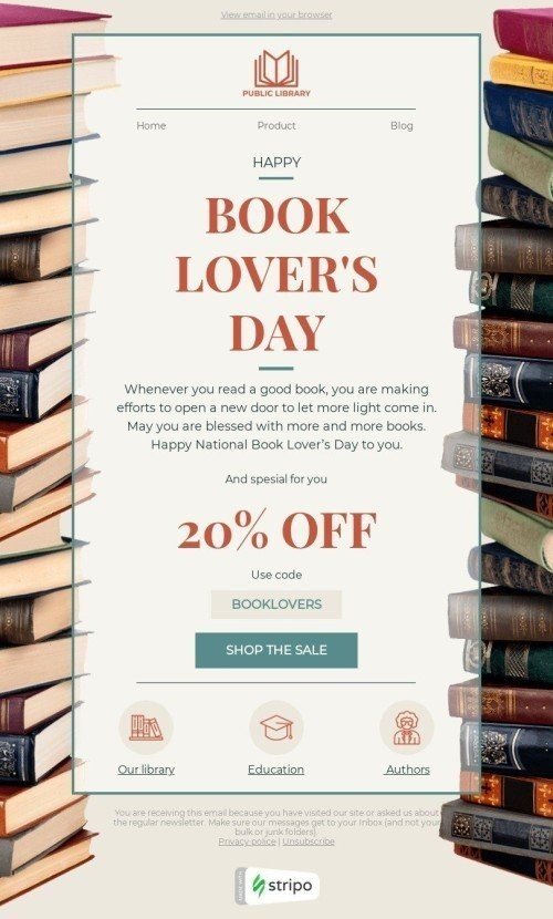 Plantilla de correo electrónico «Nuestra biblioteca» de Día de los amantes del libro para la industria de Libros y regalos y papelería Vista de escritorio