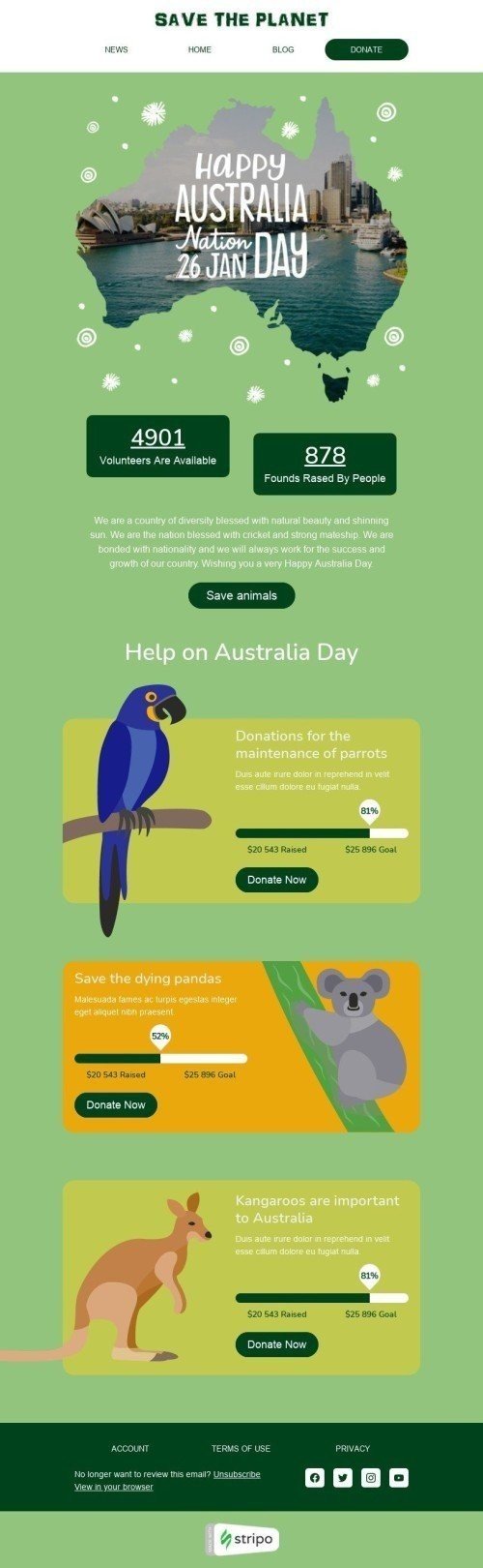 Шаблон письма к празднику День Австралии «Помощь в День Австралии» для индустрии «Дизайн шаблонов для некоммерческих email-кампаний» дектопный вид