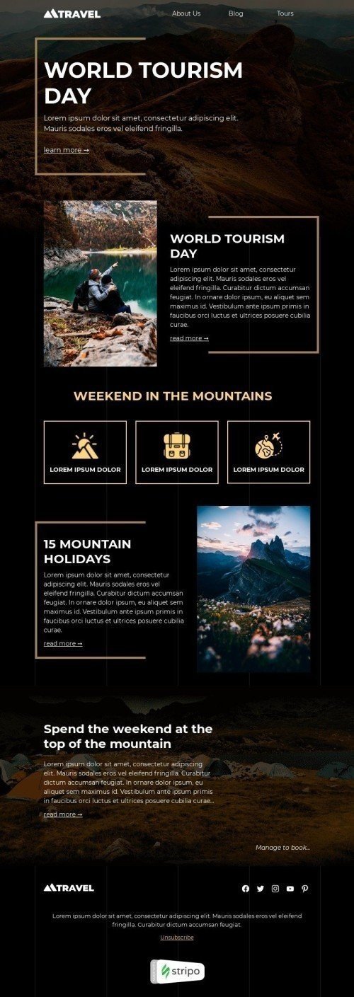 Modèle de courrier électronique Journée mondiale du tourisme «Route vers les montagnes» pour le secteur Tourisme Affichage ordinateur
