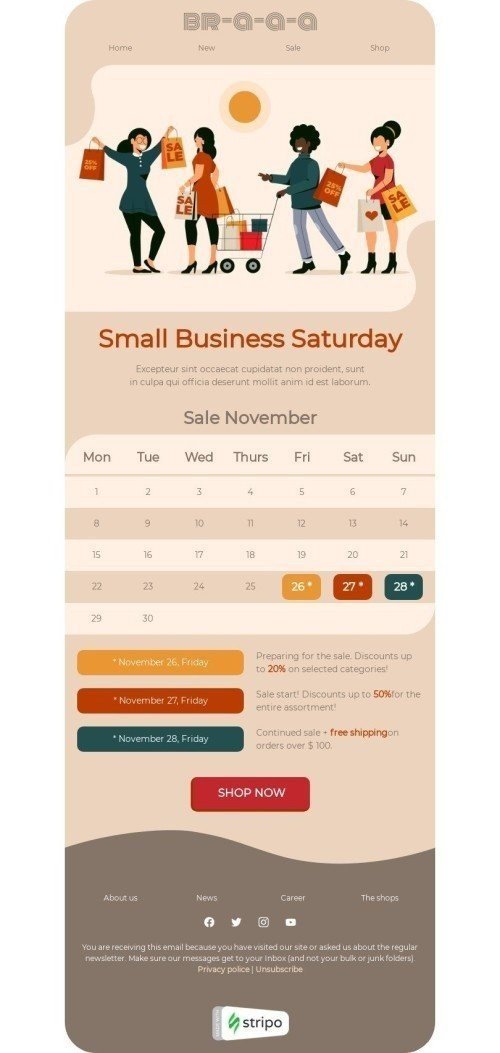 Small Business Saturday Email Template "Preparing for the sale" for Fashion industry desktop view