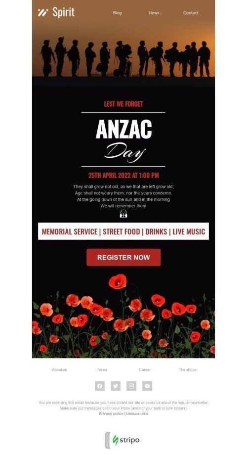 Anzac Day Email Template "We will remember them" for Events industry desktop view