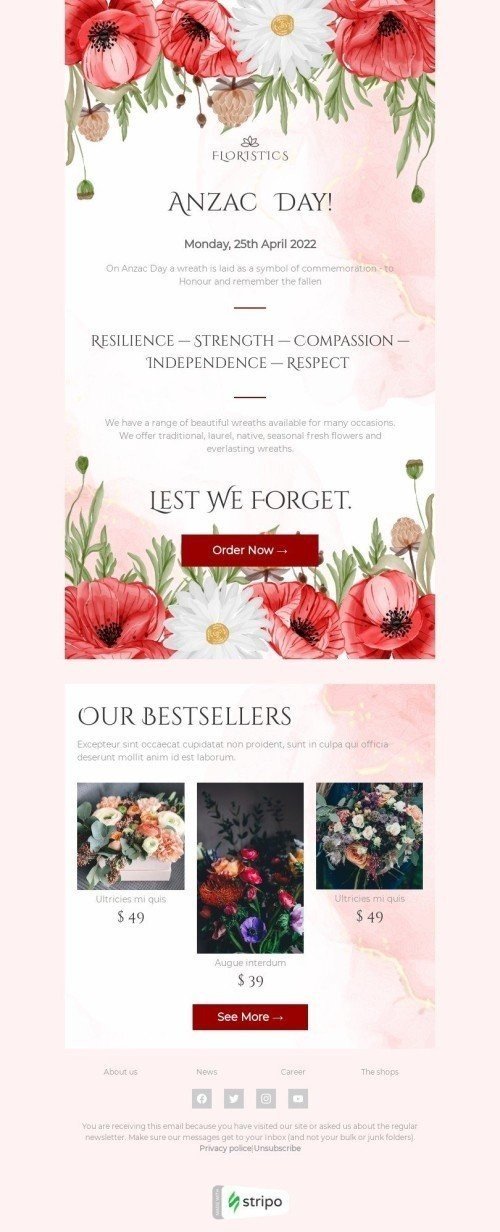 Plantilla de correo electrónico «Honra y recuerda a los caídos» de Día Anzac para la industria de Regalos y flores Vista de móvil