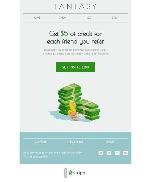 Plantilla de correo electrónico de recomendación "Obtenga 5 dólares de crédito" para el sector de la Moda Vista de móvil