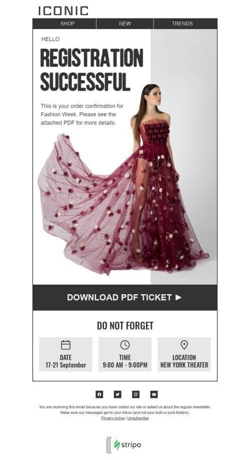 Plantilla de correo electrónico «Recordatorio y entradas» de Semana de la Moda para la industria de Moda mobile view